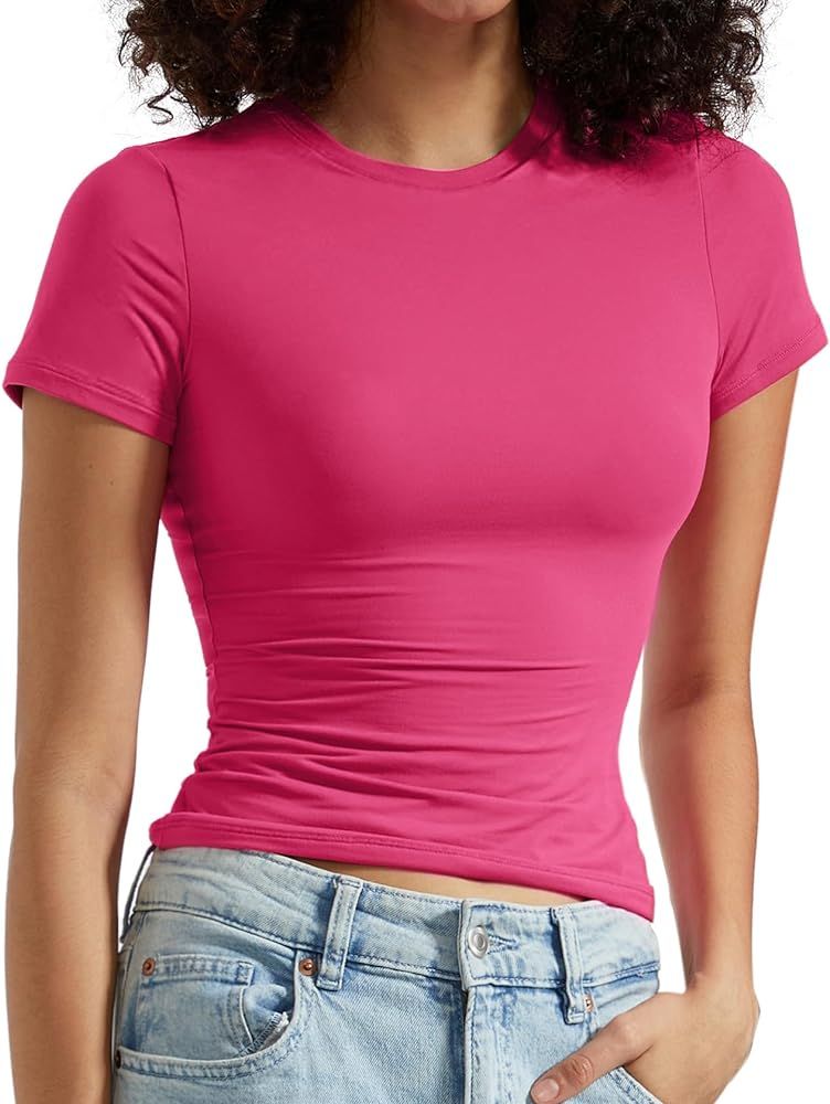 OMKAGI Double Lined Slim Fit T Shirts for Women Short Sleeve Crew Neck Crop Top | Amazon (US)