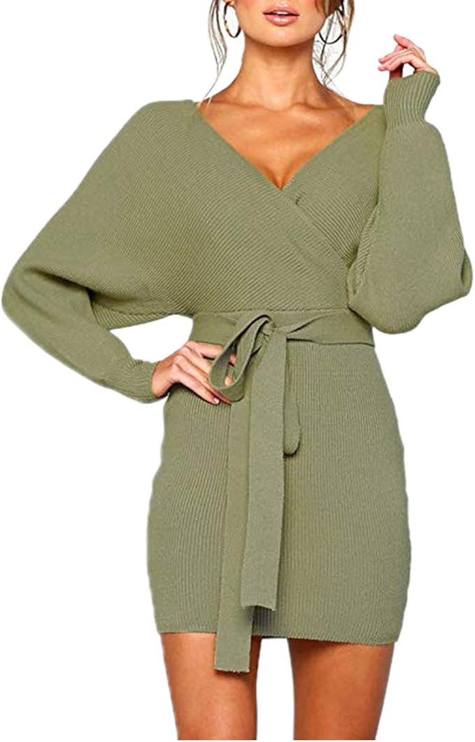 Mansy Women's Sexy Cocktail Batwing Long Sleeve Backless Mock Wrap Knit Sweater Mini Dress | Amazon (US)