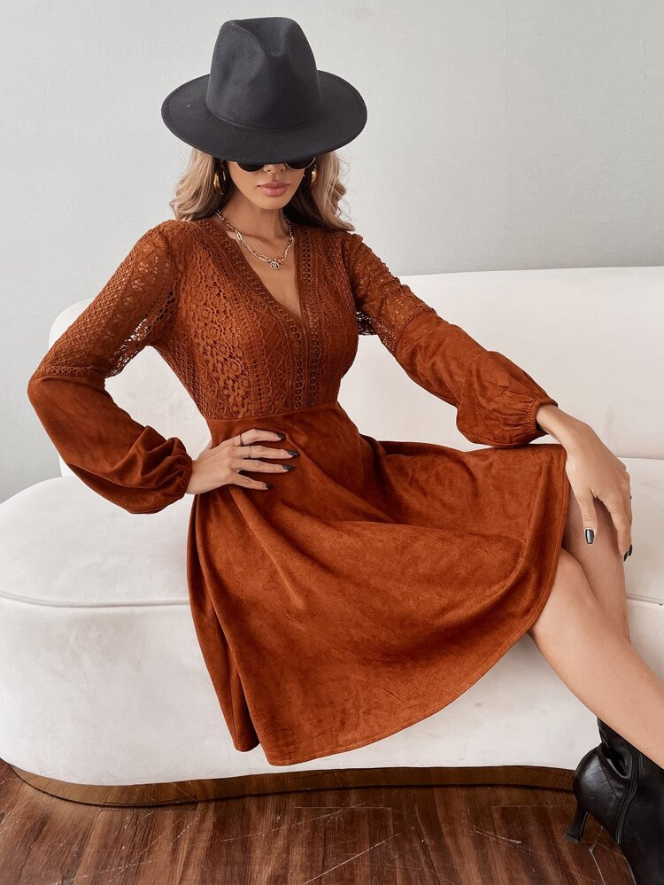 Contrast Lace Tie Back Lantern Sleeve Suedette Dress | SHEIN