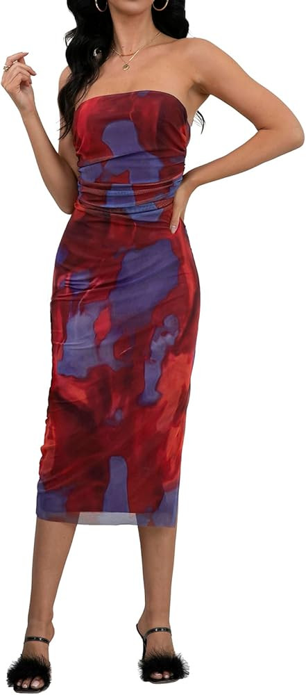 Amilia Womens Sexy Tie Dye Ruched Mesh Tube Dress Split Bodycon Cocktail Party Midi Sheath Dresse... | Amazon (CA)