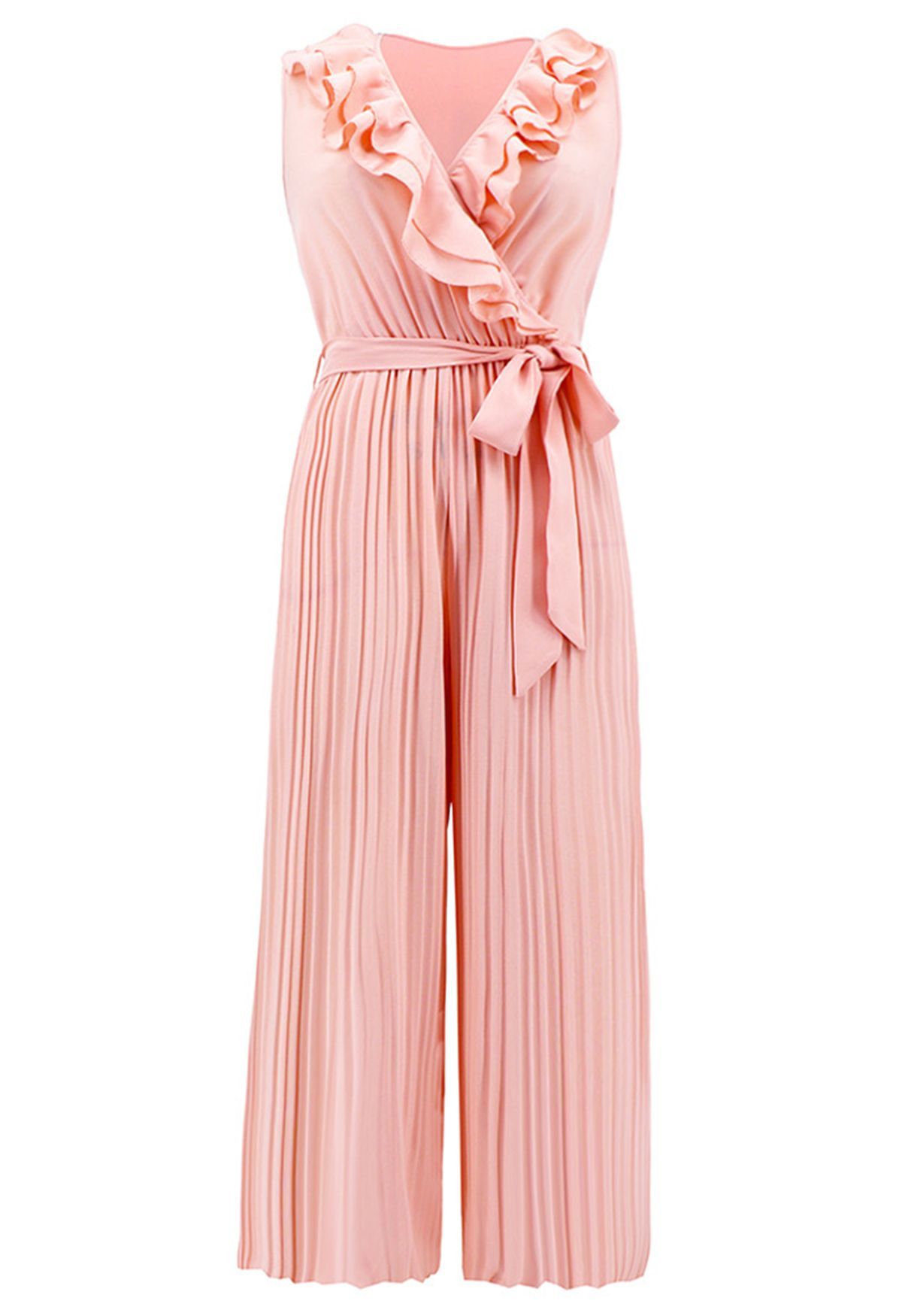 Tiered Ruffle Wrap Plisse Jumpsuit in Pink | Chicwish