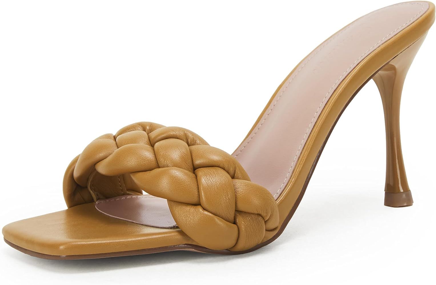 Amazon.com | Womens Square Open Toe Heeled Sandals Thick Braided Woven Faux Leather Stilettos Sli... | Amazon (US)