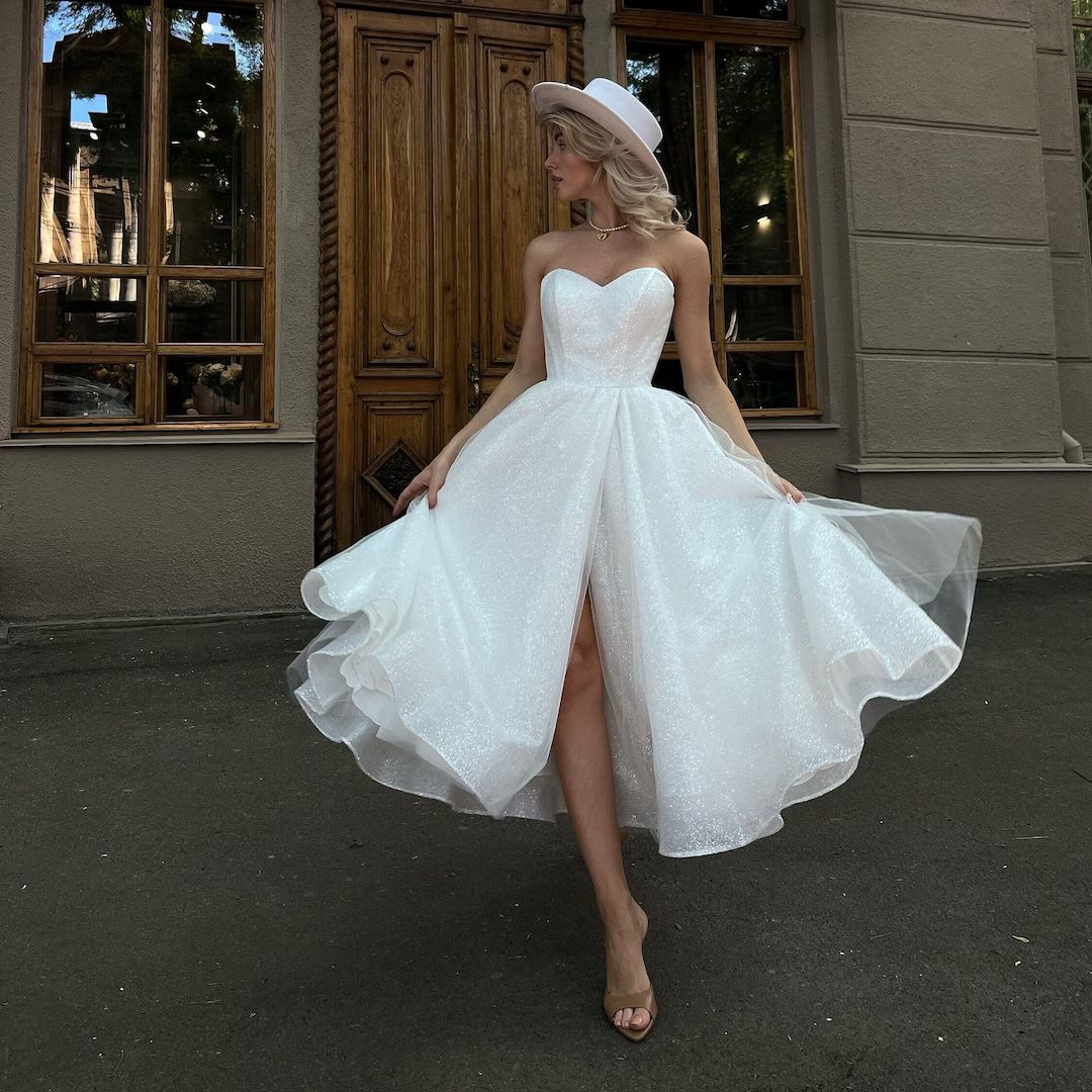 Short Wedding Dress, 1950s Inspired Wedding Reception Dress Midi, Swing Skirt Sparkle Wedding Dre... | Etsy (CAD)
