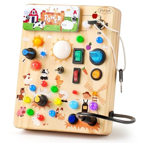 Joyreal Wooden Busy Board with LED Light, Montessori Toddler Toys, Wooden Sensory Board, Toddlers Activity Travel Toys for Boy & Girl Birthday Gift (Farm Theme) | Amazon (US)
