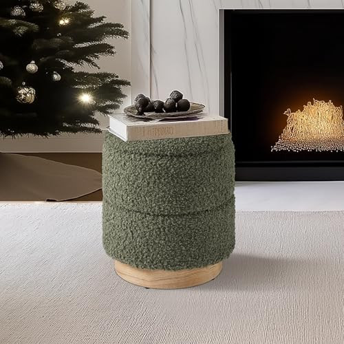 Get Set Style Round Ottoman with Storage, Modern Boucle Ottoman Upholstered Foot Stools with Wood Base, Vanity Stool Chair, Footrest Stool Extra Seat for Living Room Bedroom Entryway (Olive Green) | Amazon (CA)