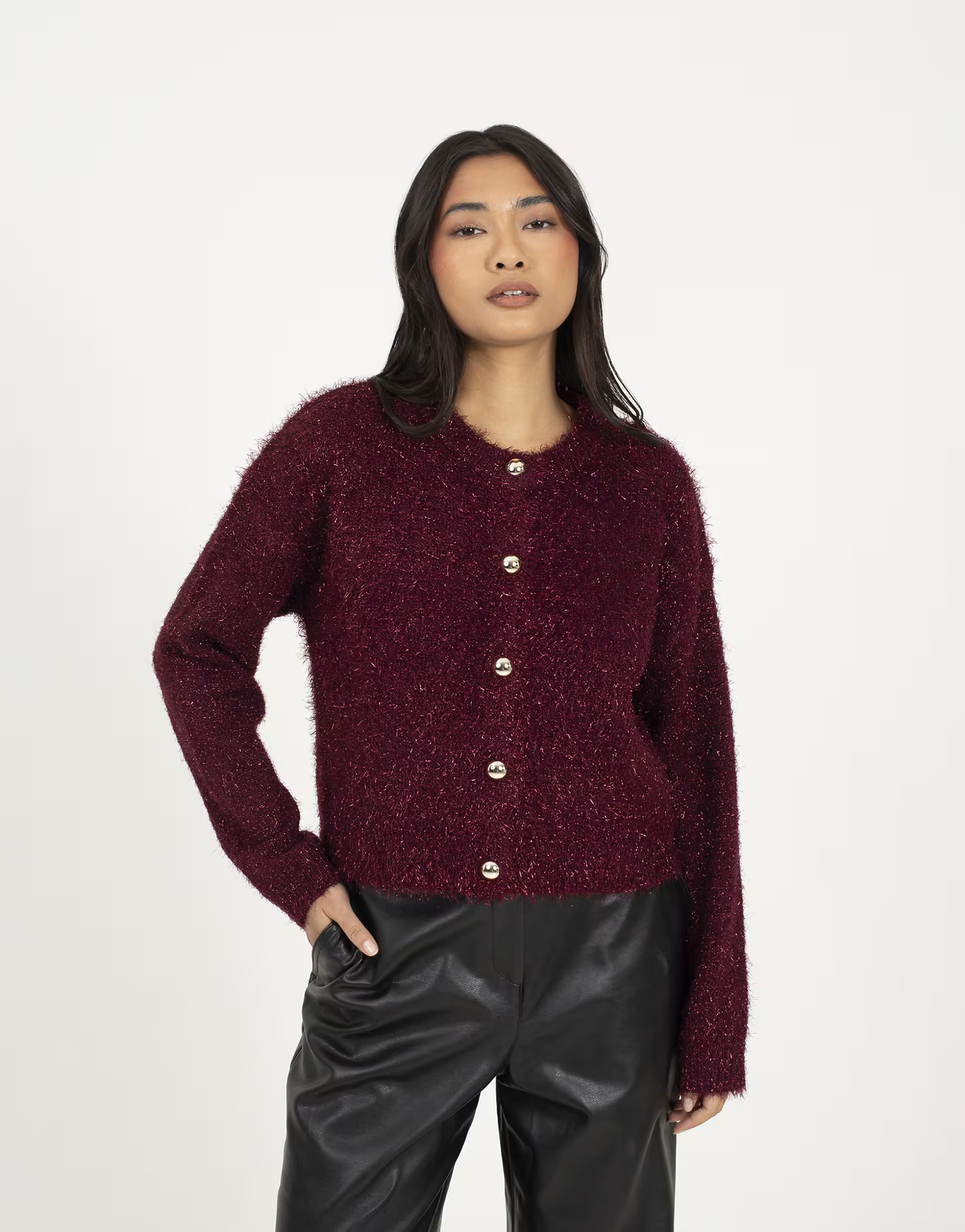 Brave Soul Fluffy tinsel knit cardigan in wine | ASOS (Global)