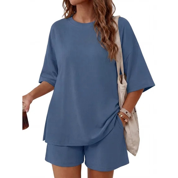 MINTREUS Womens 2 Piece Lounge Sets Crew Neck Short Summer Pajama Set Airport Travel Outfits with... | Walmart (US)
