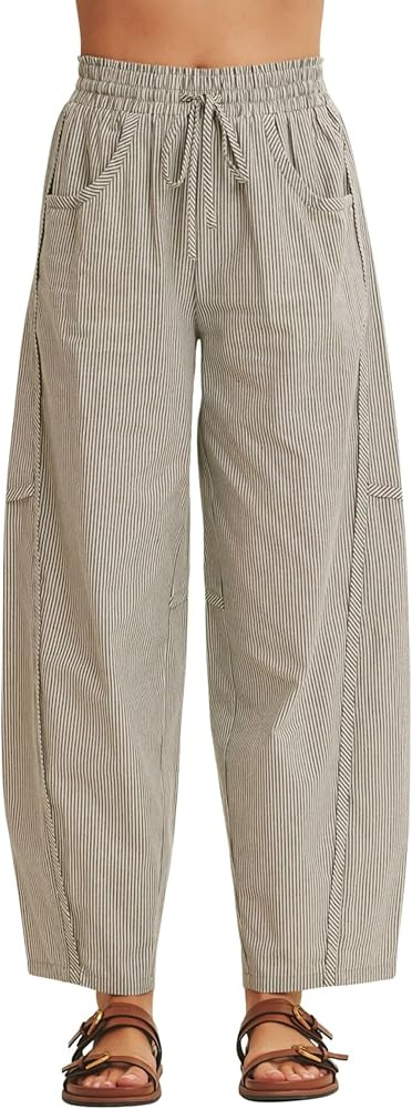  
Visit the Store, Meyhad
Meyhad
Visit the Store
3.8
3.8 out of 5 stars
(7)
Women's Stripe Barrel Pants Wide Leg Baggy Pants Drawstring Waisted Sweatpants with Pockets
 
 
 
 
 
 
 
 
Meyhad Size Chart
Size	XS	S	M
Waist	26.1"	27.6"	29.1"
Hip	40.9"	42.5"	44.1"
Length	37.8"	38.2"	38.6"
 
Color: Ivory White
Size:
S
Size guide

 
S
Color is
Current Price is .
$32.99
 
M
Color is
Current Price is .
$32.99
 
L
Color is
Current Price is .
$32.99
 
XL
Color is
Current Price is .
$32.99
 
Enjoy fast, free delivery, exclusive deals, and award-winning movies & TV shows.
Join Prime
$32.99 $32.99 
FREE delivery Saturday, May 16 on orders shipped by Amazon over $35
Or Prime members get FREE delivery Wednesday, May 13. Order within 3 hrs 20 mins. Join Prime
Delivering to Lexington 40503 - Update location
Only 2 left in stock - order soon.
Quantity:
Quantity:1
 
Add to cart

Buy Now
Ships from
Amazon
Sold by
Meyhad
Returns
FREE 30-day refund/replacement
Payment
Secure transaction
See more
Add to List
Other sellers on AmazonOther sellers on Amazon
Compare New (2) from
$32.99$32.99
FREE Shipping on orders over $35.00 shipped by Amazon.
 | Amazon (US)