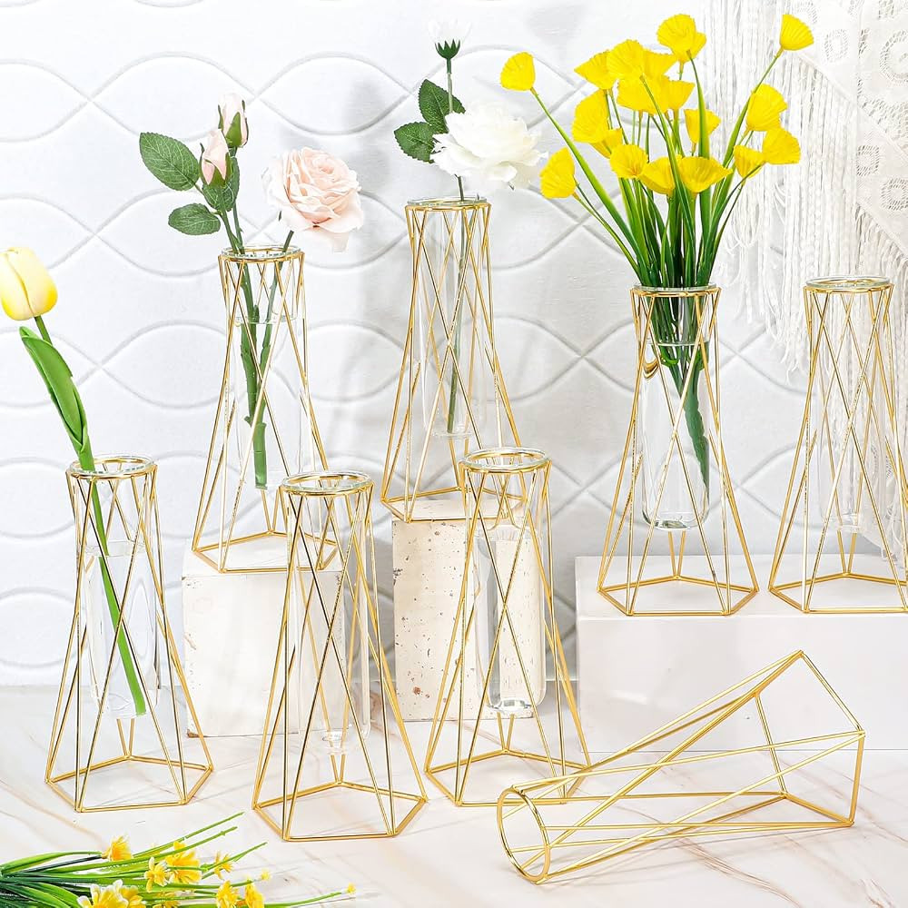 8 Set Gold Glass Vase for Centerpieces Metal Geometric Vase Test Tube Vase Modern Hydroponic Flow... | Amazon (US)