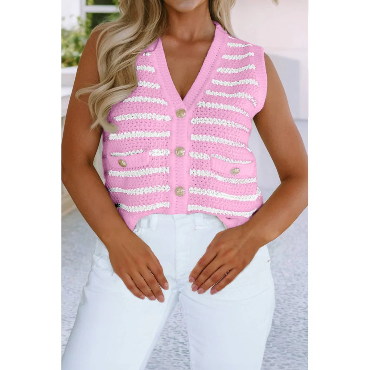 Stripe V Neck Gold Button Sweater Vest | Southern Roots Clothing Co.