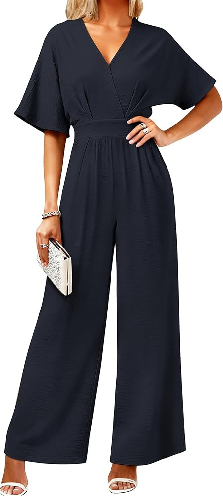 LOOKBOHO Women's One Piece Jumpsuits Dressy Casual V-Neck Batwing Short Sleeve Wide Leg Elegant L... | Amazon (US)