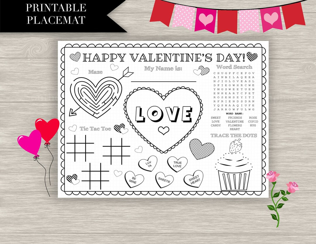 Kids Valentines Placemat - "valentine's DAY Placemat" Kids Table, Valentine's Party, Activity, Co... | Etsy (US)