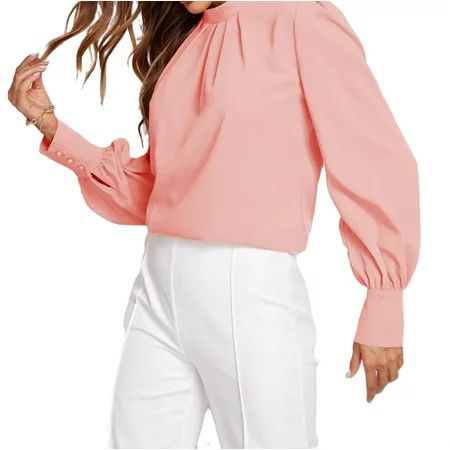 Women s Keyhole Back Mock Neck Solid Blouse Coral Pink M | Walmart (US)