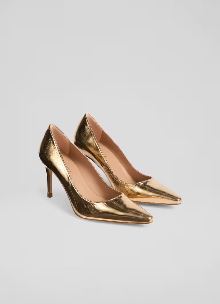 New Floret Gold Leather Pointed Toe Courts | L.K. Bennett (UK)