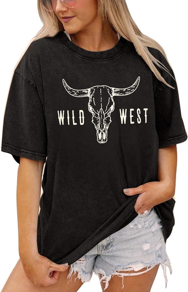 IZYJOY Women Wild West T Shirt Boho Cow Skull Western Graphic Bleached Tee Redeo Shirt Cowgirls V... | Amazon (US)