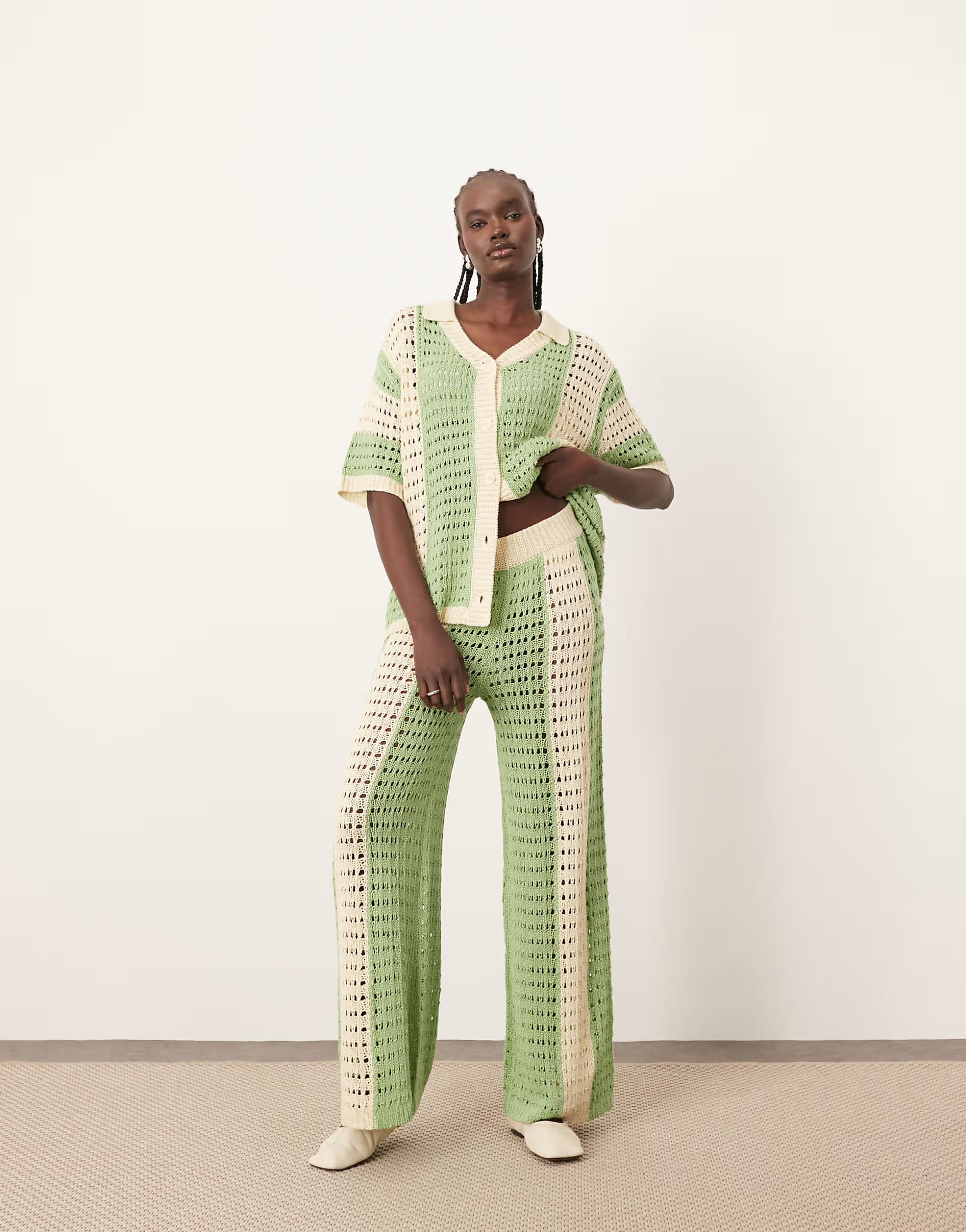 ARRANGE knitted vertical stripe wide leg trouser co-ord in green | ASOS (Global)