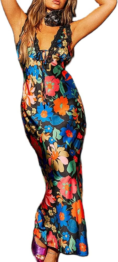 Women V Neck Floral Slip Dress Sleeveless Y2k Tie Dye Print Maxi Dress Backless Boho Beach Party ... | Amazon (US)