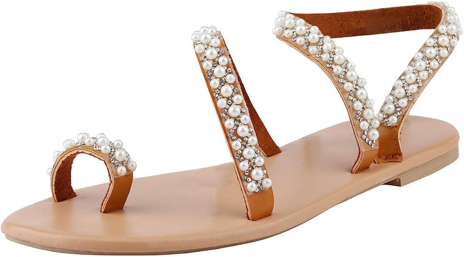 Respctful √ Women Pearl Sandals, Summer Boho Flat Shoes Bohemian Sandals Toe Ring Gladiator Bea... | Amazon (US)