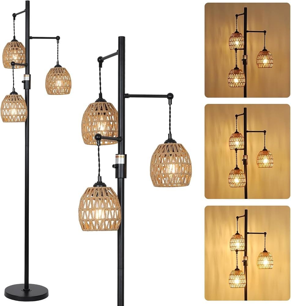 Rattan Floor Lamp, 3-Lights Boho Floor Lamp with Stepless Dimmer, Rustic Farmhouse Floor Lamps fo... | Amazon (US)