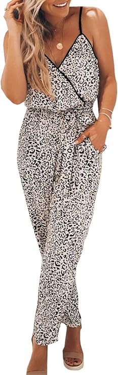 PRETTYGARDEN Women's Sexy Wrap V Neck Leopard Print Spaghetti Strap Long Pants Jumpsuits Rompers | Amazon (US)