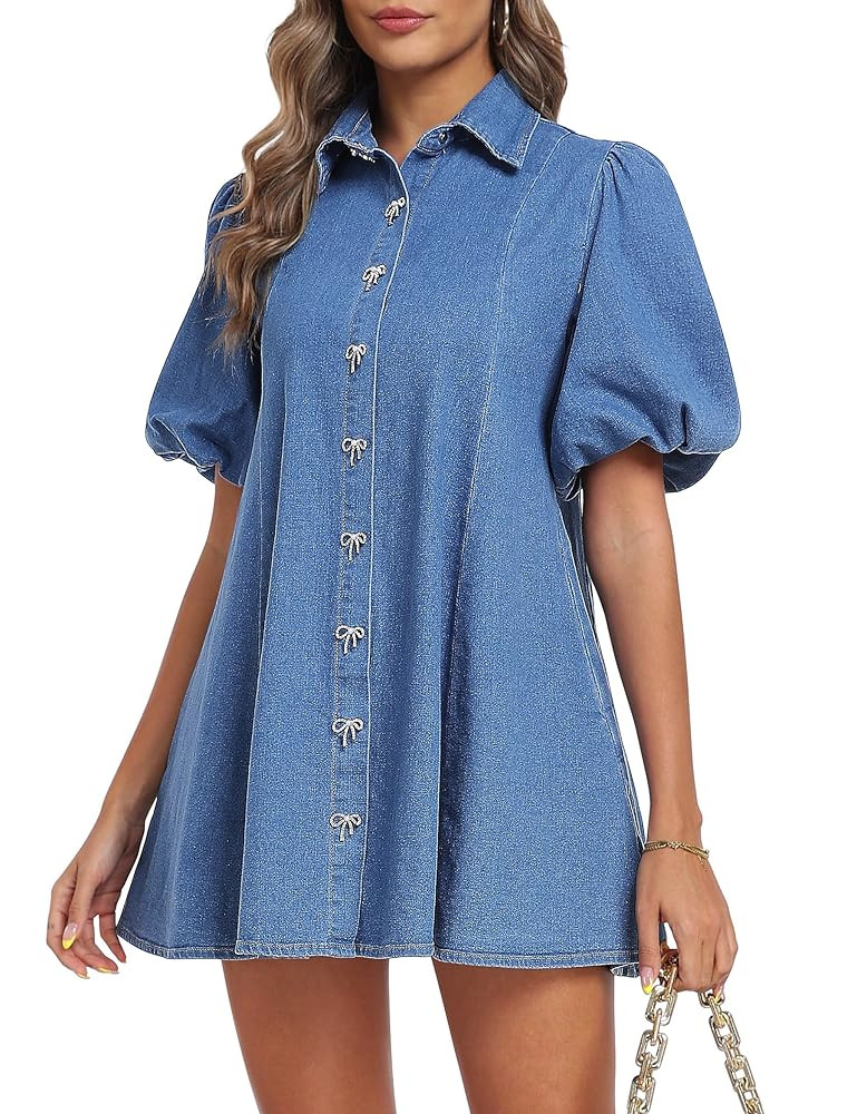 Denim Dress for Women, Puff Short Sleeve Jean Dress Mini Denim Romper with Pockets | Amazon (US)