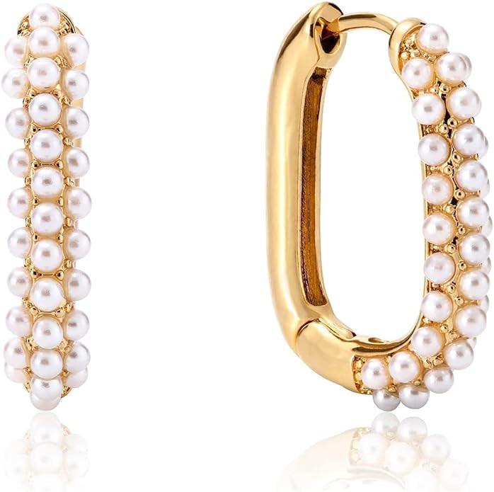 Gold Pearl Hoop Earrings for Women | 18K Gold Huggie Dangle Earrings | Lightweight Small Hoop Ear... | Amazon (US)