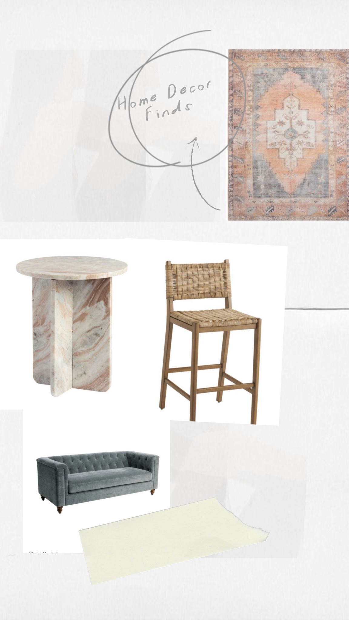 Home decor finds: blush & blue area rug, marble side table, kitchen bar stools, velvet couch.

#LTKHome