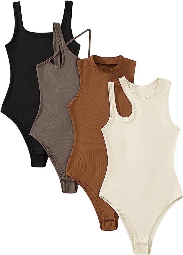 Floerns Women's 4 Pcs Asymmetrical Neck Sleeveless Rib Knit Bodysuit Top | Amazon (US)