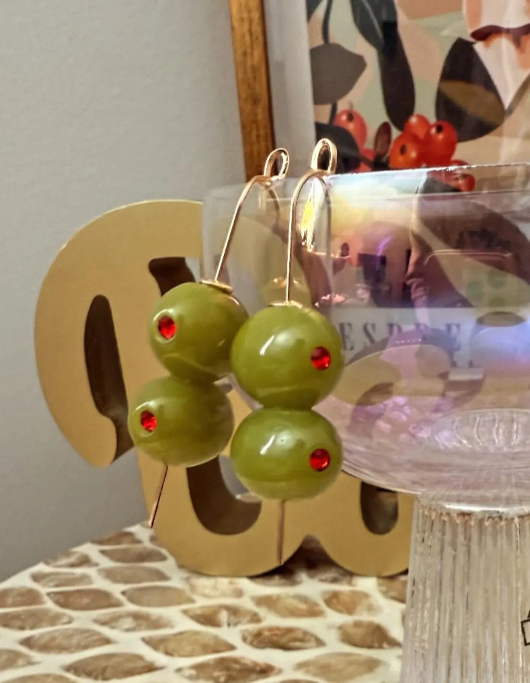 Martini Olive Earrings – Glass Stone Dangle Earrings, Cocktail Inspired Jewelry, Gold Wire Stat... | Etsy (US)
