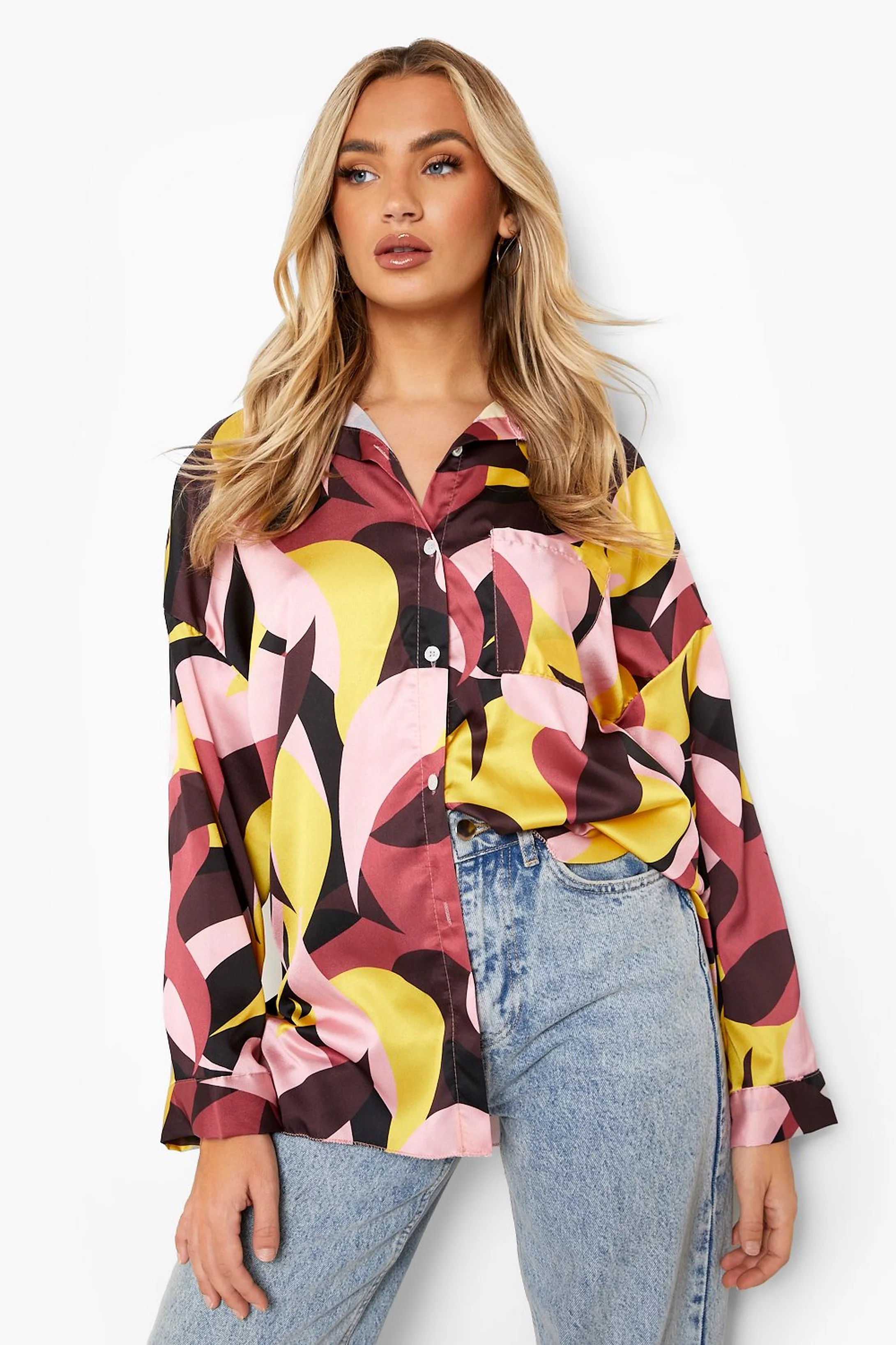 Abstract Printed Satin Oversized Shirt | Boohoo.com (US & CA)