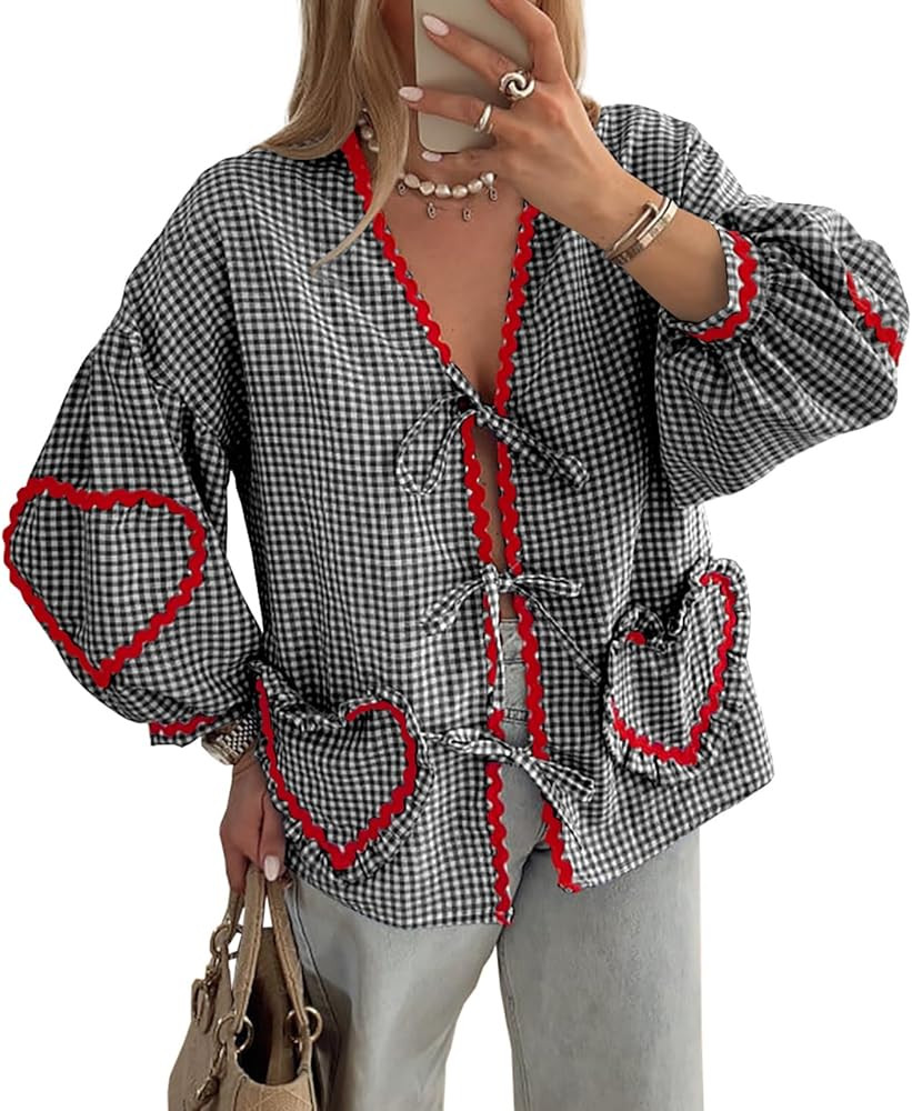 Tankaneo Womens Tie Front Tops Peplum Babydoll Going Out Gingham Puff Long Sleeve Blouse Cute Cot... | Amazon (US)