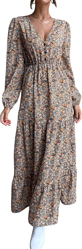 SweatyRocks Women's Boho Floral Print V Neck Flounce Sleeve High Waist Flowy A Line Maxi Dress | Amazon (US)
