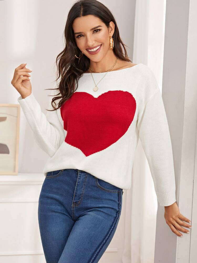 Heart Pattern Boat Neck Sweater | SHEIN