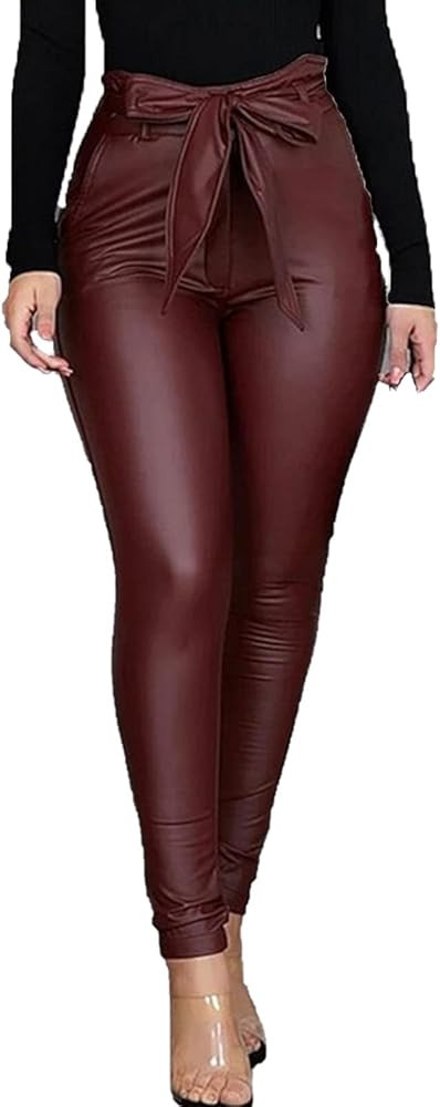 Maiyifu-GJ Women's Skinny Faux Leather Leggings Lightweight High Waist Bowknot Casual Pants Casua... | Amazon (US)