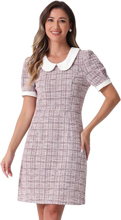 Allegra K Peter Pan Collar Dresses for Women's Plaid Puff Short Sleeve Mini Tweed Dress | Amazon (US)