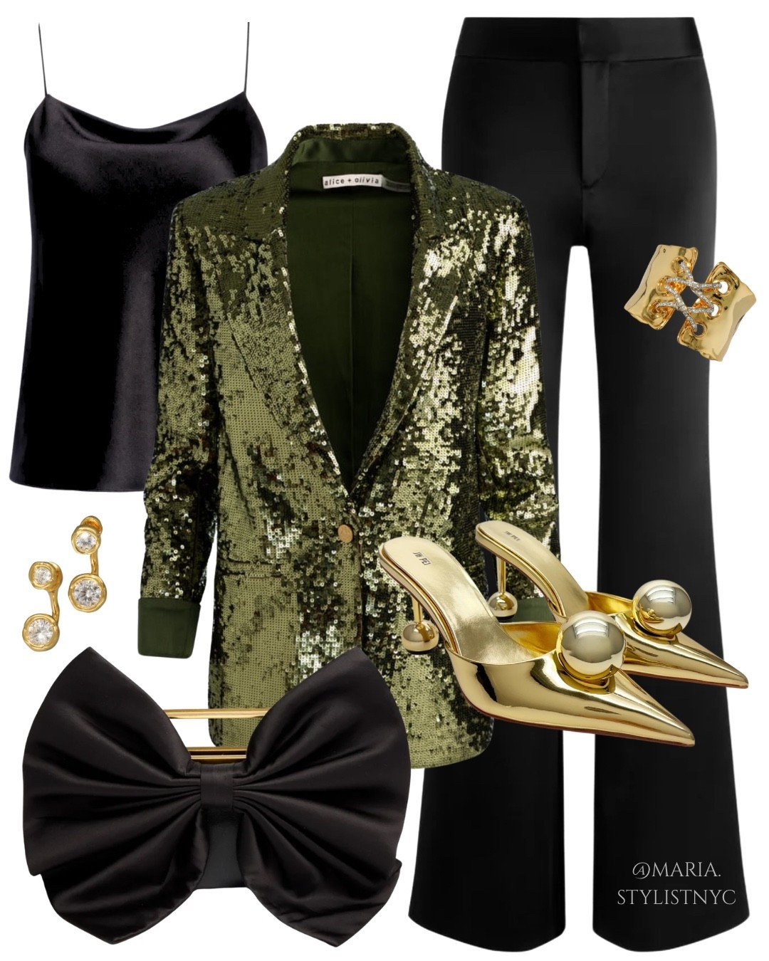 An olive green sequin blazer adds a rich, textured layer of shimmer. A simple black silk camisole and tailored trousers keep the outfit grounded and chic. Metallic gold pumps and a sculptural bow clutch provide a playful, high-fashion finish 💫✨

#LTKSeasonal #LTKootd #LTKHoliday