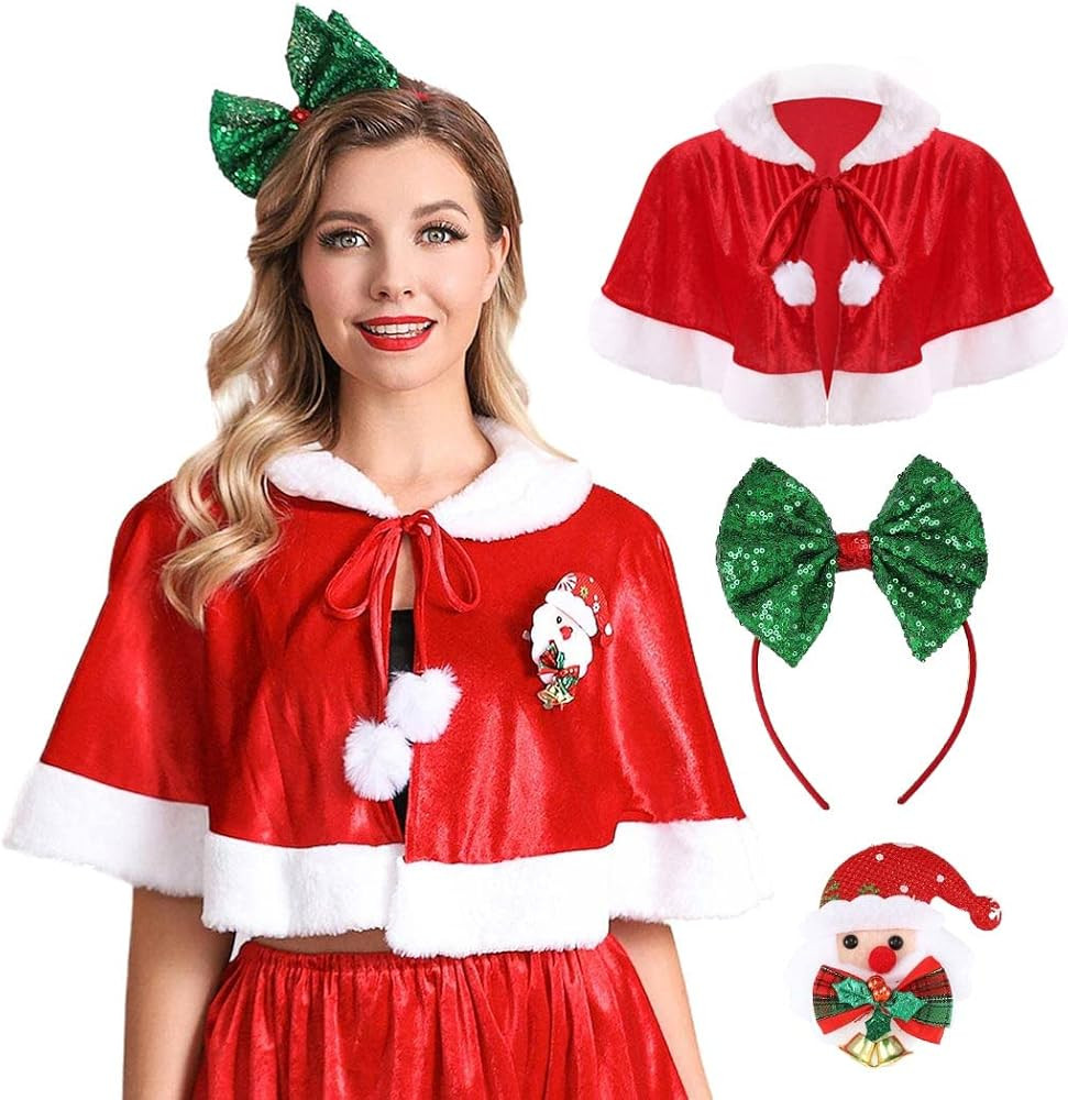 Aukmla Christmas Cloak Xmas Velvet Cape Costume Cosplay Shawl Wrap with Brooch Hat Sequin Bow Hea... | Amazon (US)