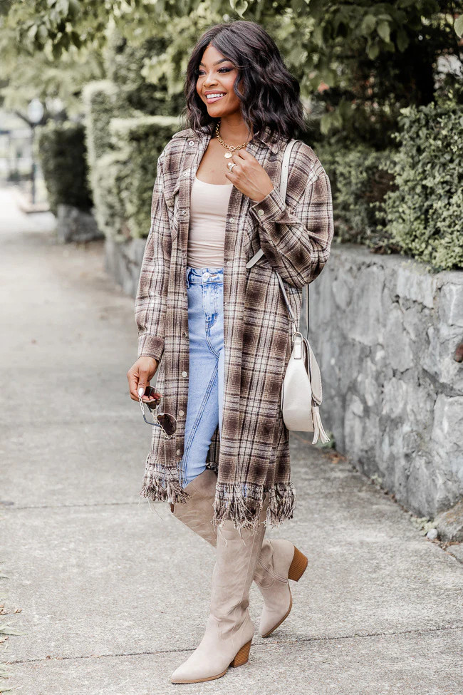 Feel Free Brown Fringe Hem Long Plaid Shacket | Pink Lily