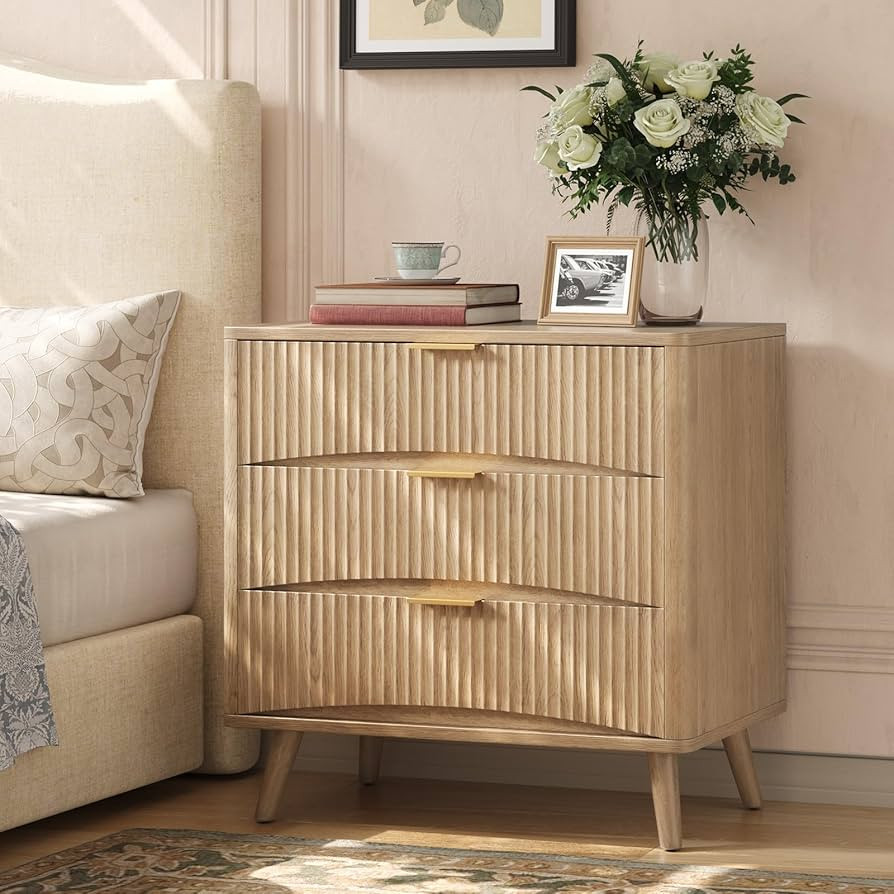 Evermagin 31.5W×29“H Large Fluted Nightstand with 3 Drawer, Light Wood Night Stand Bedside Tab... | Amazon (US)
