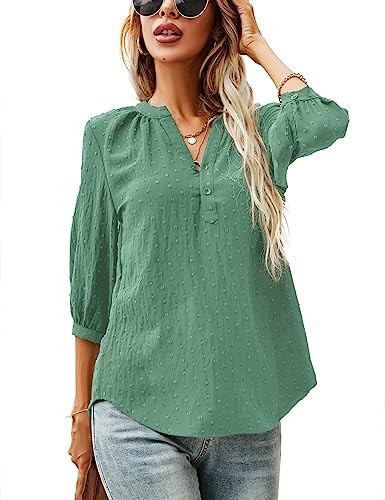 LOMON Tops Women Button Up V Neck 3/4 Sleeve T-Shirts Swiss Dot Chiffon Blouses Pleated Tees Tunics (Lake Green, XL) | Amazon (US)