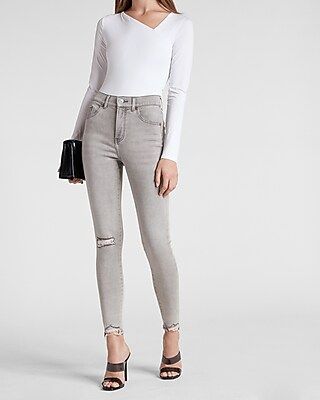 High Waisted Raw Hem Supersoft Knit Skinny Jeans | Express