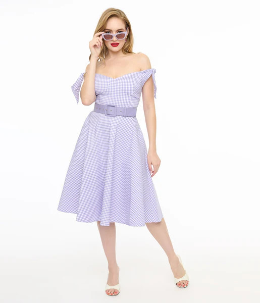 Unique Vintage Lavender & White Gingham Off The Shoulder Swing Dress | UniqueVintage