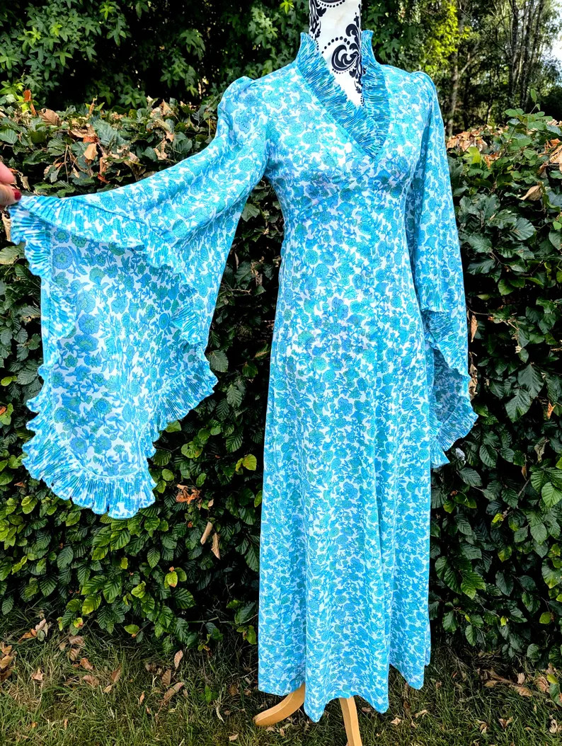 Rare 1970s Handmade Maxi Dress | Cornflower Blue Floral Angel Sleeve Dress (Size 6-8) | Etsy (Global)
