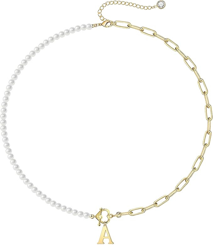 Initial Gold Pearl Necklaces for Women Trendy, 14K Gold Plated Dainty Paperclip Chain Necklace Ha... | Amazon (US)