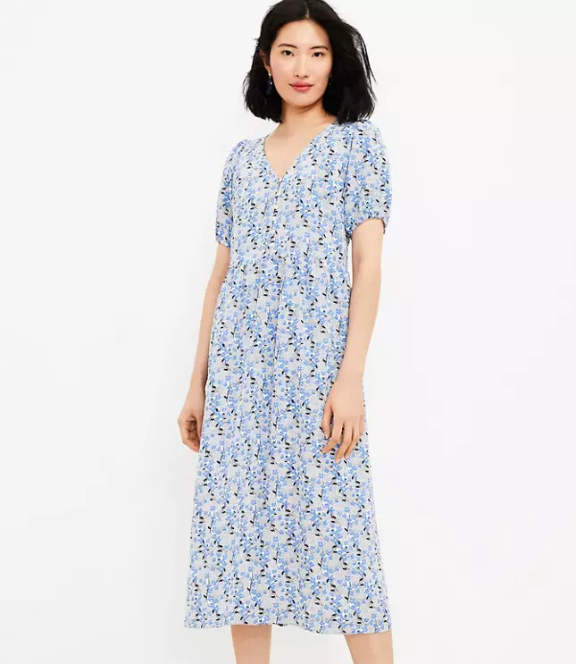 Bouquet Puff Sleeve Midi Dress | LOFT