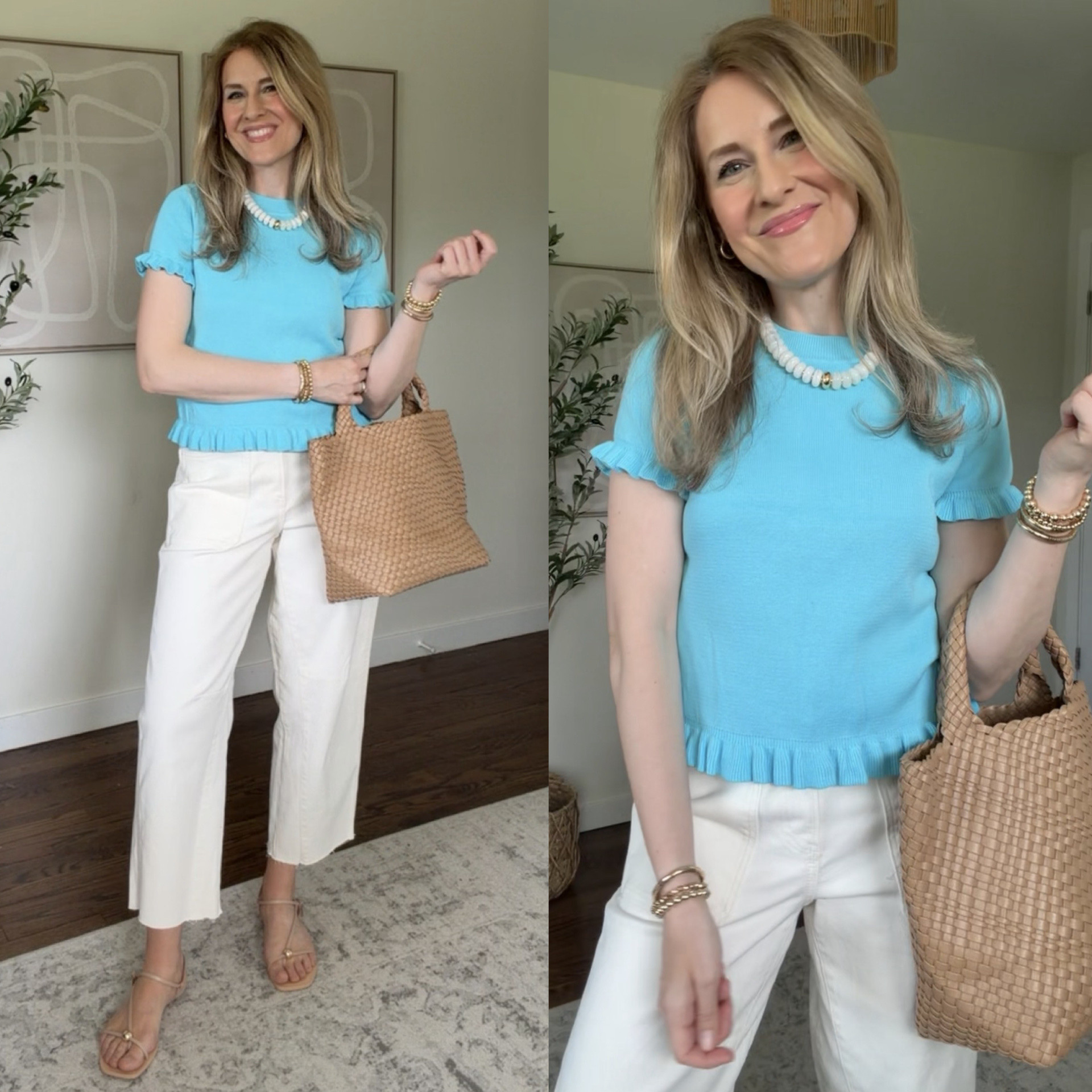 Really nice sweater knit top with ruffle detail at Walmart, fits well, good for work. Also comes in green. I got my usual size small. #walmartfashion