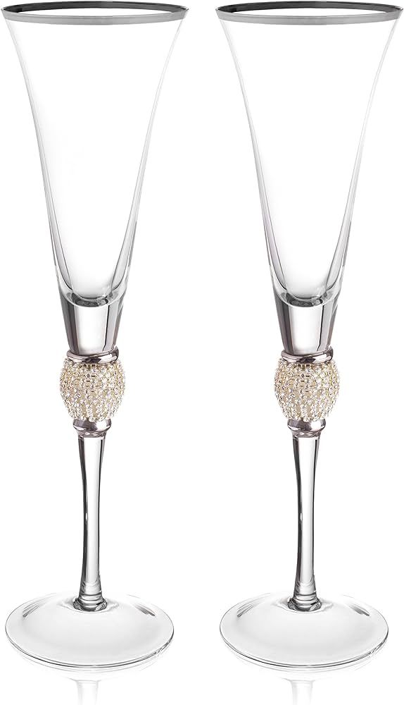 Amazon.com | Trinkware Set of 2 Champagne Flutes - Rhinestone "DIAMOND" Studded Glasses With Silv... | Amazon (US)