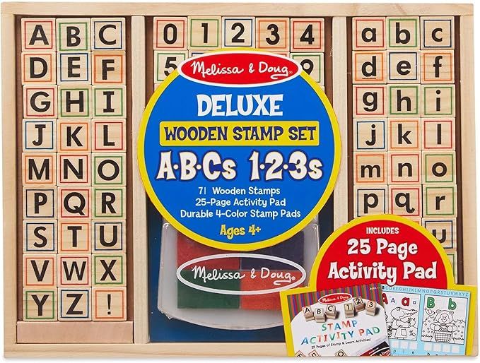 Melissa & Doug Deluxe Letters and Numbers Wooden Stamp Set ABCs 123s With Activity Book, 4-Color ... | Amazon (US)