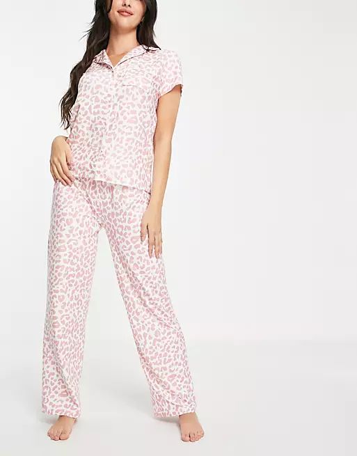 Loungeable long pajama set in pink leopard | ASOS (Global)