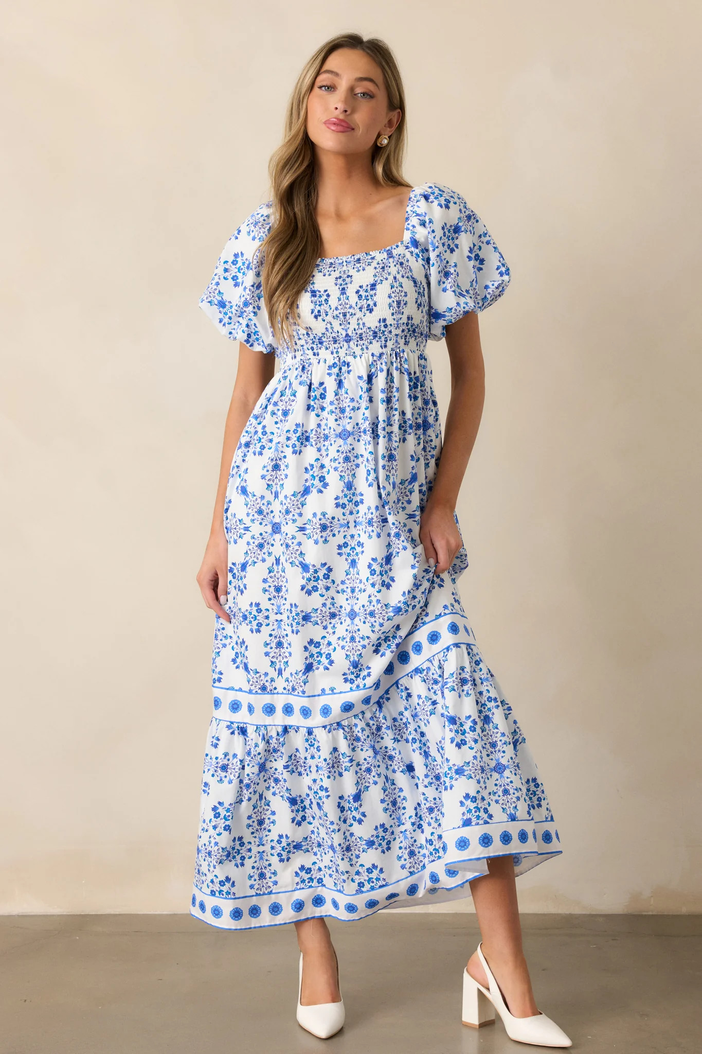 Rosewater Skies Cotton Royal Blue Floral Maxi Dress | Red Dress